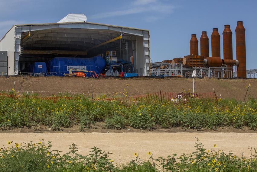 Bluebonnet Electric Cooperative is currently completing construction on a 190 MW gas-fired peaker plant near the town of Maxwell in Caldwell County, pictured on May 27, 2025.